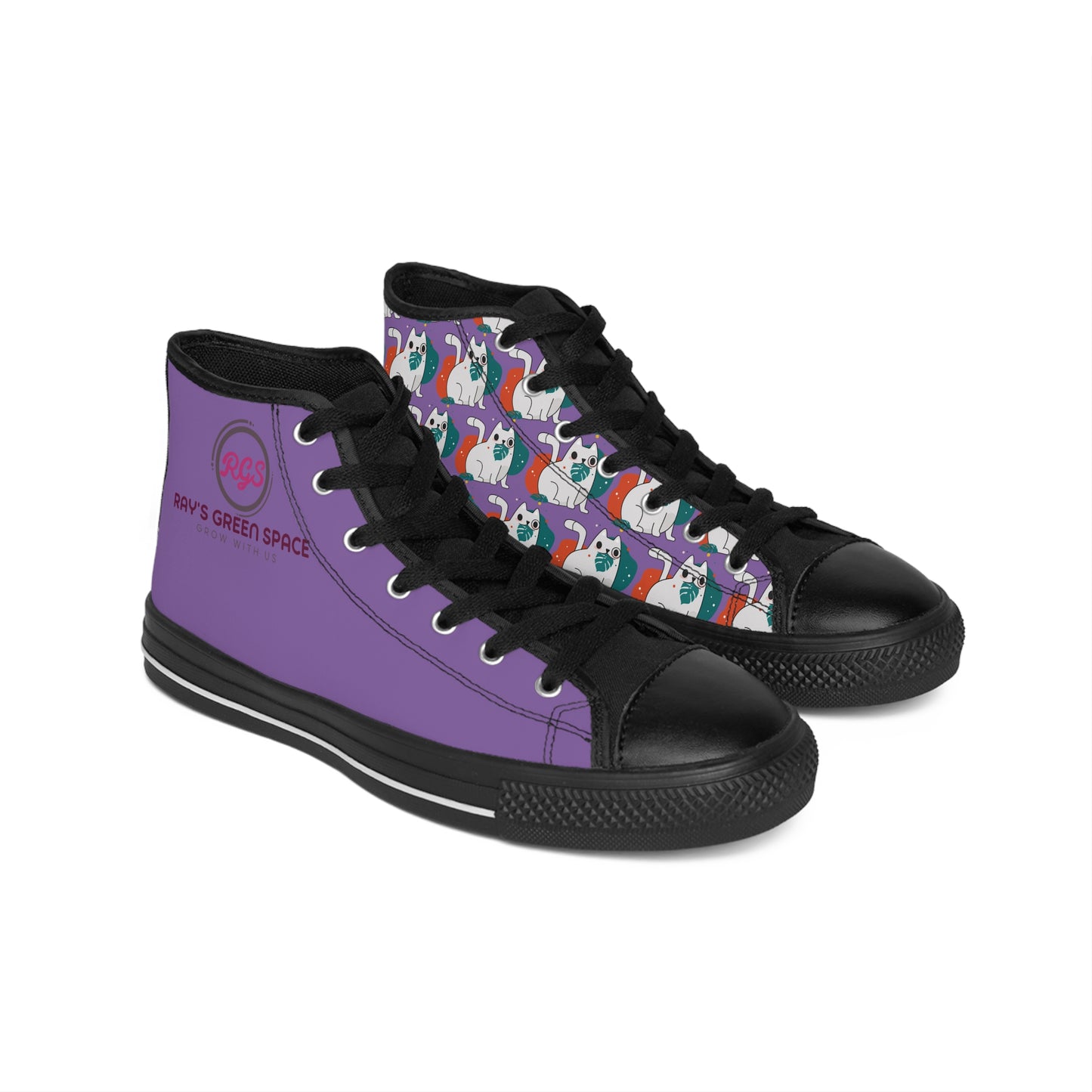 Sneakers - Women's Gardening Shoes with Cat Eating Monstera Design in Purple and Black - Ray's Green Space